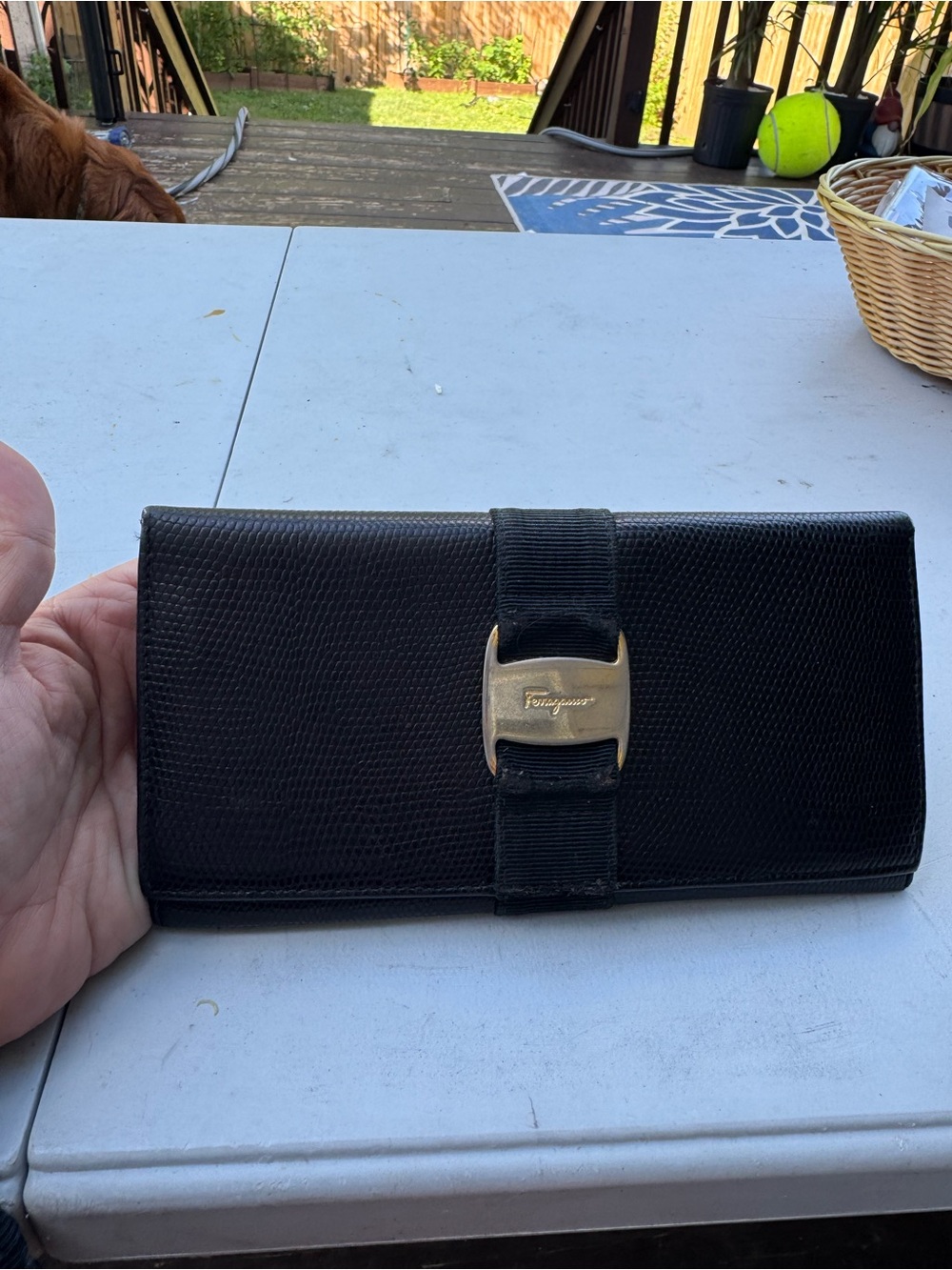 Salvatore Ferragamo Black Leather Clutch with Gold Vara Buckle